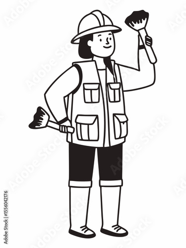 Happy Female Geologist Holding Rock Sample and Trowel