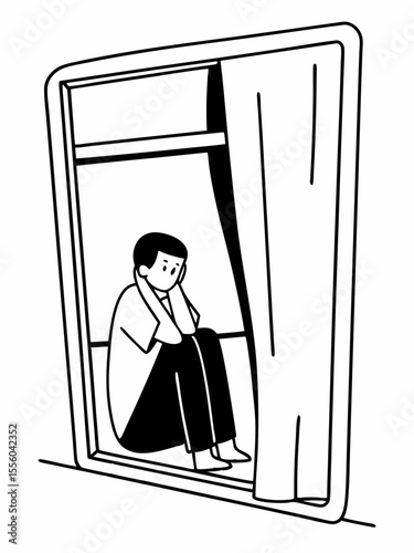 Solitary Figure Contemplating from Train Window A Black and White Illustration