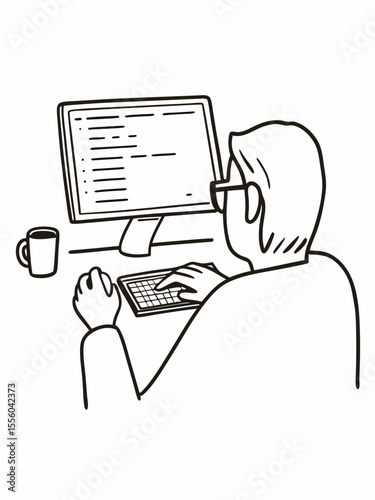 Focused Programmer Coding at Desk, Computer Programming Illustration