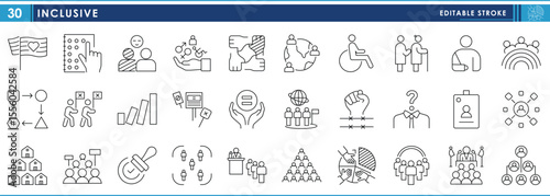 Inclusive icons Set. LGBTQ, disabilities, elderly, gender, human right, equality, law, community, and so on. Vector editable stroke.