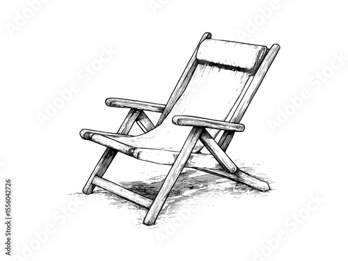 Summer beach chair engraving, vintage retro seaside furniture, trendy hand-drawn vacation decor, black sketch illustration, classic engraving style, nautical wall art, rustic summer lifestyle