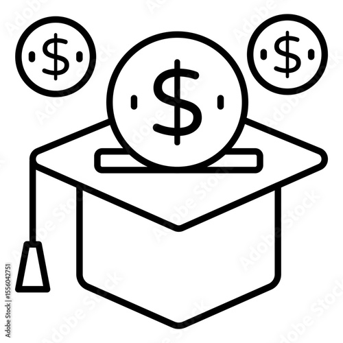 Mortarboard with books and dollar sack, line design of educational grant