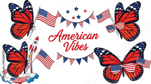 American vibes featuring butterflies, flags, rocket, and patriotic themed decorations on white backdrop