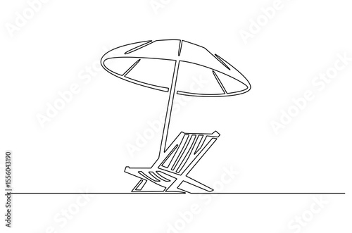 Continuous one line drawing of Beach chair lounger with umbrella. Single line drawing illustration of Beach umbrella and chair. Summer vacation by the sea concept vector art. Doodle line illustration.