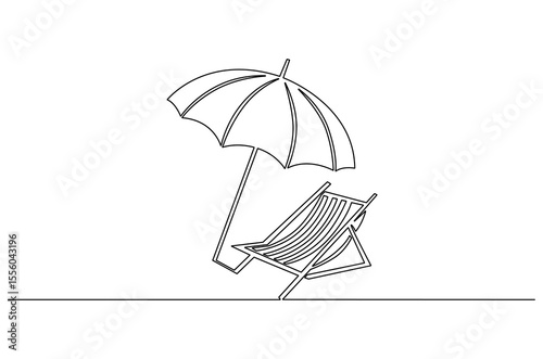 Continuous one line drawing of Beach chair lounger with umbrella. Single line drawing illustration of Beach umbrella and chair. Summer vacation by the sea concept vector art. Doodle line illustration.