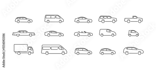 Car Body Types Outline Icon Set – Vector Collection of Vehicle Silhouettes