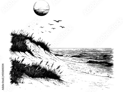 Summer beach sunrise, vintage retro ocean horizon scene, hand-drawn seasonal landscape, old engraving style black sketch, trendy coastal decor motif, nautical art print, seaside wall art