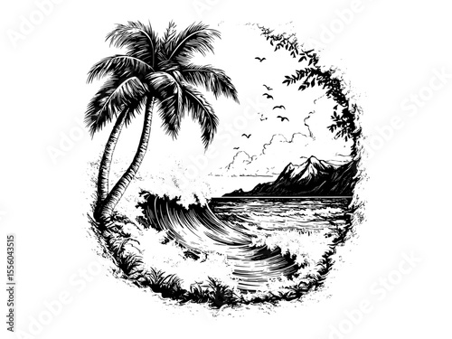Summer beach wave engraving, vintage ocean scene, hand-drawn retro sketch style, seasonal vacation motif, black line art, old engraving style, nautical design, coastal vibes, summer travel