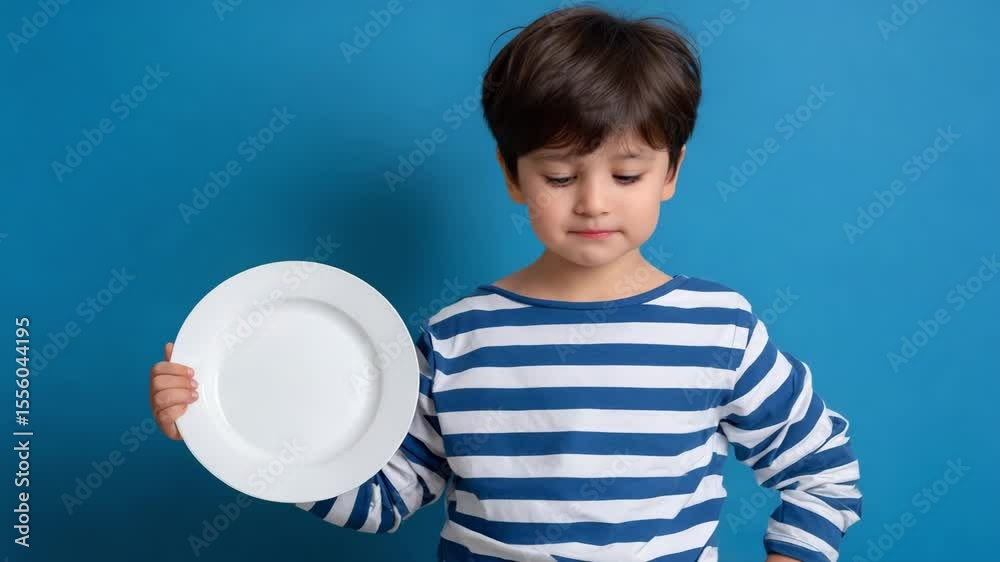Boy and child holding empty white plate with surprised and happy expressions on blue background Boy and child holding empty white plate with surprised and happy expressions on blue background