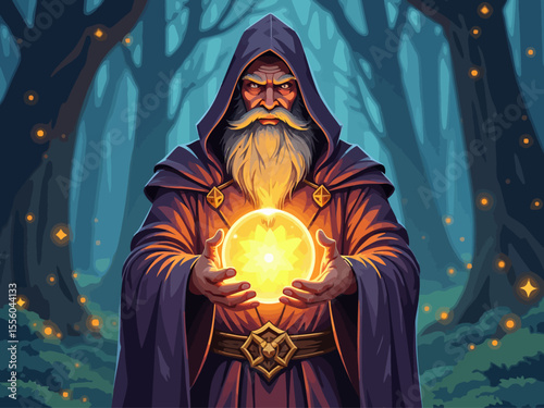Mystical wizard character with a long beard in a hooded robe holding a glowing magic orb