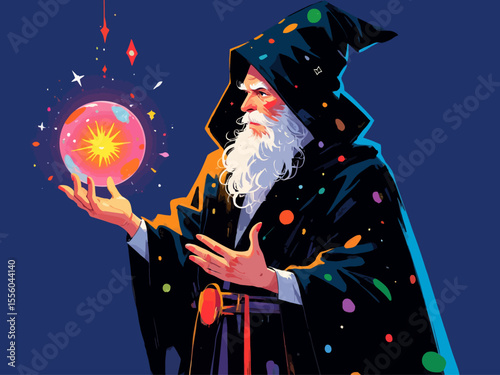Mystical wizard character with a long beard in a hooded robe holding a glowing magic orb