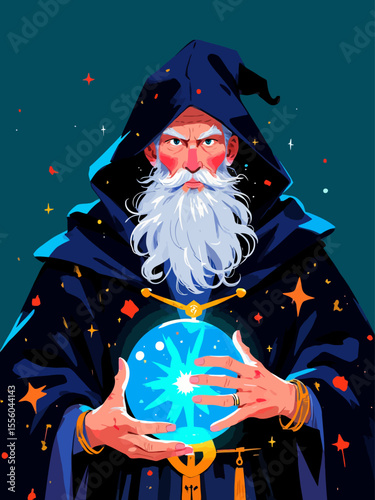 Mystical wizard character with a long beard in a hooded robe holding a glowing magic orb