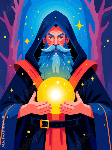 Mystical wizard character with a long beard in a hooded robe holding a glowing magic orb