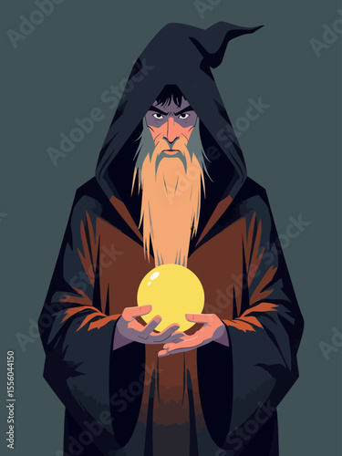 Mystical wizard character with a long beard in a hooded robe holding a glowing magic orb