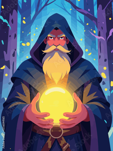 Mystical wizard character with a long beard in a hooded robe holding a glowing magic orb