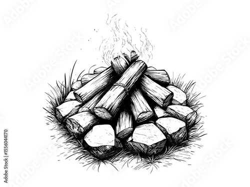 Summer bonfire engraving, vintage campfire illustration in retro black sketch style, trendy vacation decor motif, rustic outdoor fire design, classic hand-drawn engraving, wilderness vibes