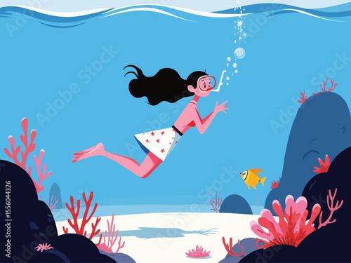 Snorkeling adventure vector illustration Young woman swimming underwater in the sea, exploring marine life with fish and coral 