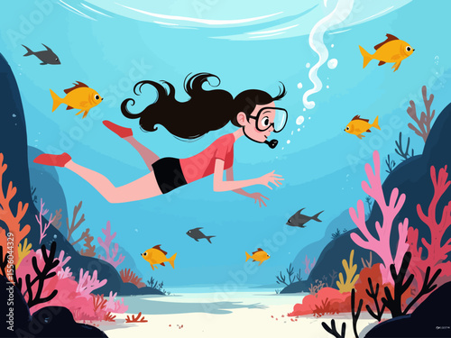 Snorkeling adventure vector illustration Young woman swimming underwater in the sea, exploring marine life with fish and coral 
