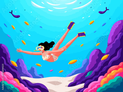 Snorkeling adventure vector illustration Young woman swimming underwater in the sea, exploring marine life with fish and coral 