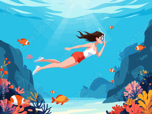 Snorkeling adventure vector illustration Young woman swimming underwater in the sea, exploring marine life with fish and coral 