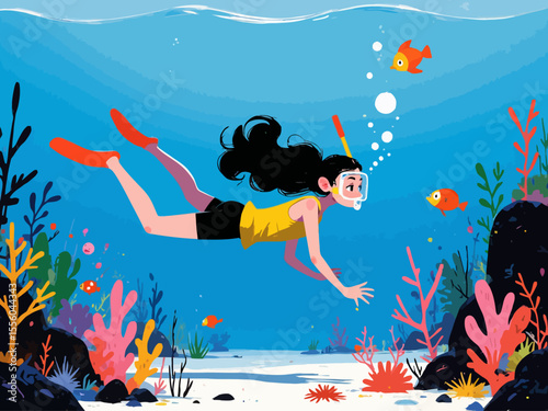 Snorkeling adventure vector illustration Young woman swimming underwater in the sea, exploring marine life with fish and coral 