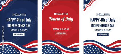 Three patriotic posters for fourth of july with special offers and american flag themed decorations