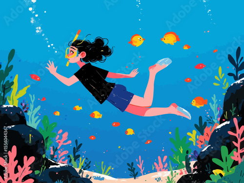 Snorkeling adventure vector illustration Young woman swimming underwater in the sea, exploring marine life with fish and coral 