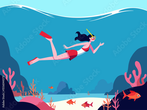 Snorkeling adventure vector illustration Young woman swimming underwater in the sea, exploring marine life with fish and coral 