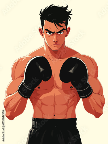  Strong young male boxer with visible determination, black boxing gloves in an intense expression light background, showcasing strength