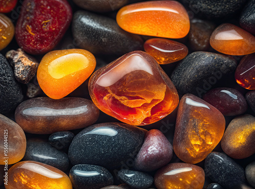 a close-up of a collection of smooth, polished rocks and stones. The rocks vary in color, including shades of brown, black, and orange, with some having a glossy, wet appearance.