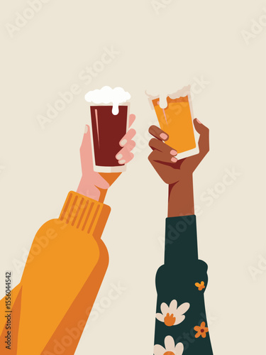  Two people holding up two glasses of beer