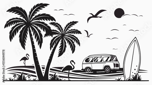 Tropical beach scene with palm trees flamingos a vintage van and a surfboard