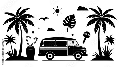 Stylized white cartoon van and candy canes on a black background