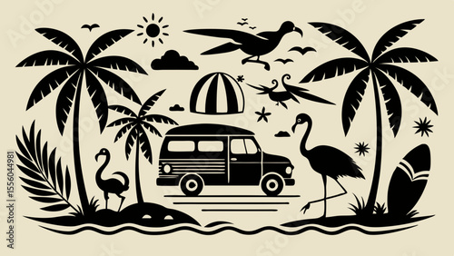 Tropical vacation scene with van palm trees flamingos and surfboards