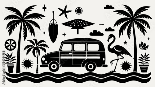 Retro camper van flamingo palm trees and surfboard tropical summer scene