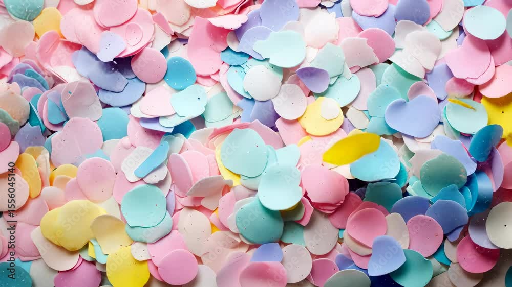 Delicate pastel heart-shaped confetti in blue, pink and yellow tones. Festive mood, romance, and joy.