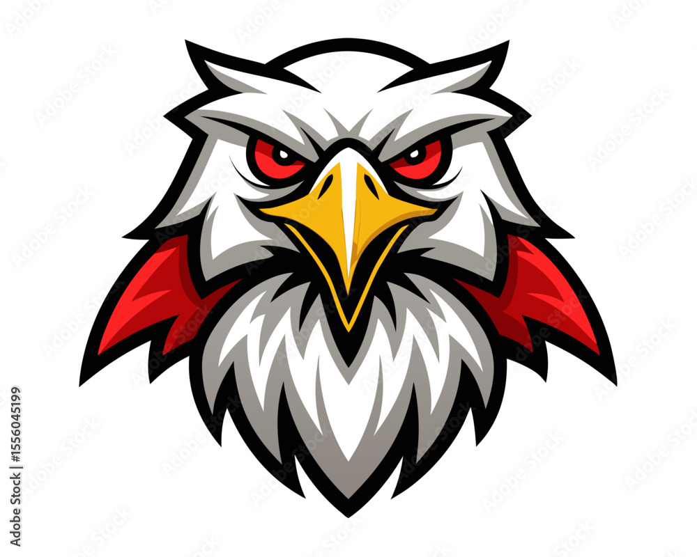Obraz premium Aggressive eagle head mascot with red feathers and sharp yellow beak