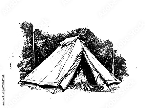 Summer camping tent, outdoor vacation scene, vintage hand-drawn sketch style, old fire engraving, seasonal decor motif, black sketch, rustic adventure illustration, nature getaway