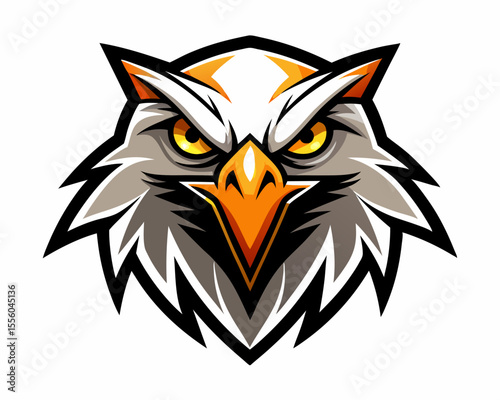 Fierce eagle head mascot with intense yellow eyes and orange beak
