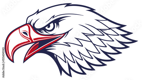 Stylized eagle head logo with red and blue accents on white background