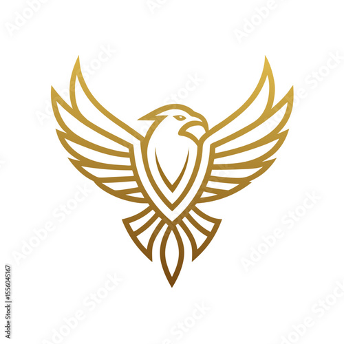 Elegant golden eagle emblem with wings spread wide on white background