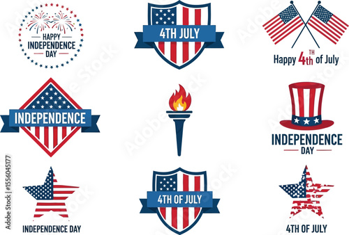 Collection of independence day themed designs featuring flags emblems and patriotic symbols on white