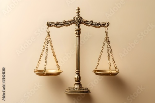 minimalist balance scale flat lay – simple golden wire on neutral paper background. representing justice and fairness