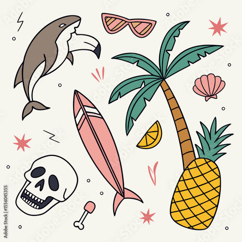 Fun summer vacation icons including dolphin palm tree pineapple surfboard and sunglasses