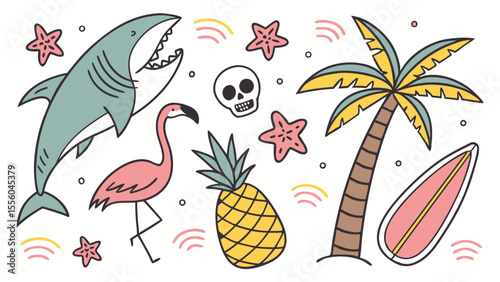 Fun summer beach icons including shark flamingo pineapple palm tree and surfboard