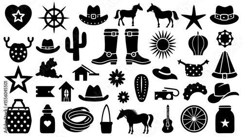 Collection of western and country icons including horses boots hats cacti and sun