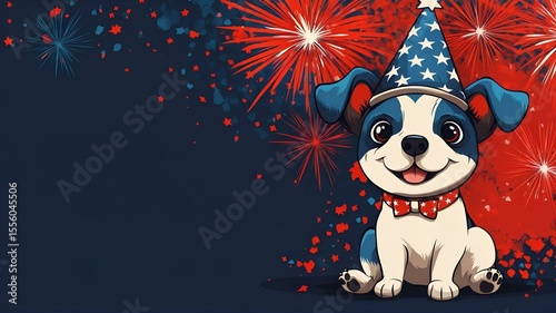 patriotic cartoon dog with stars and stripes party hat at minimal vector design with fireworks and white copy space