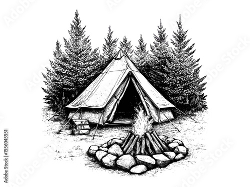 Vintage camping tent engraving, summer outdoor vacation, black hand-drawn sketch, old engraving style, trendy seasonal decor, wilderness escape artwork, classic travel design