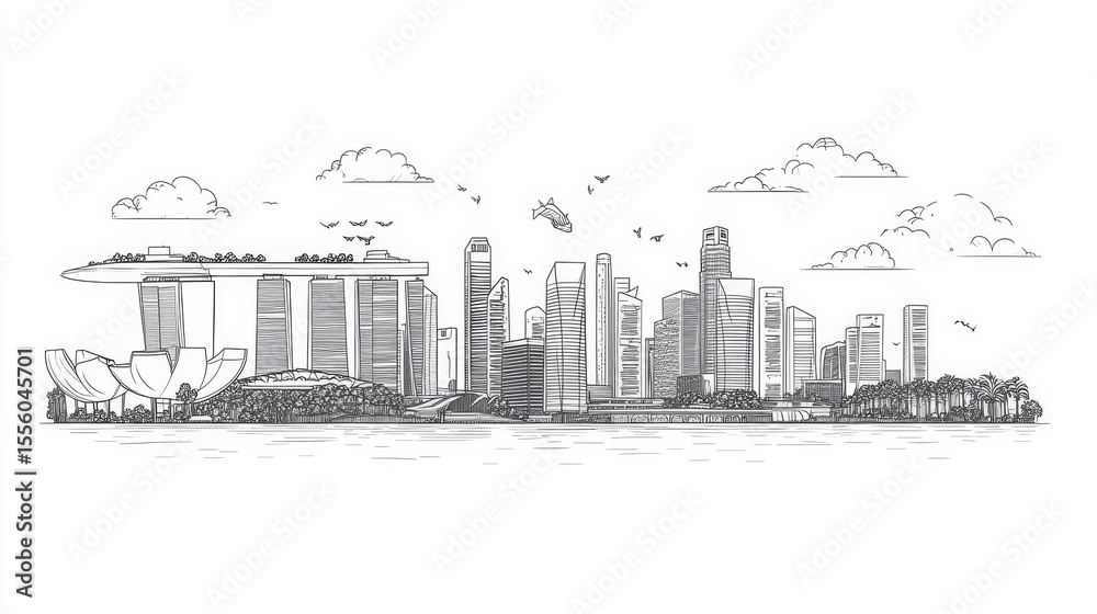 Obraz premium Singapore city skyline in line art style. A vector illustration featuring all the iconic and famous landmarks. 