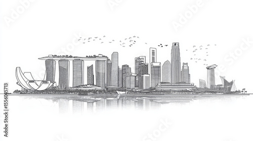Singapore city skyline in line art style. A vector illustration featuring all the iconic and famous landmarks.
